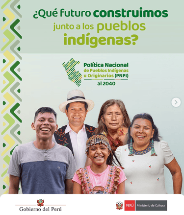 Poster for Peru's National Policy for Indigenous Peoples featuring diverse smiling indigenous people.