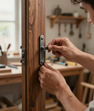 Hands of a craftsman fitting iron hardware onto a solid walnut door edge, cross-light from a workshop window catching the grain and the iron surface, bench tools blurred in background