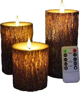 Flameless candles for rustic bedroom décor, bark texture candles with remote,