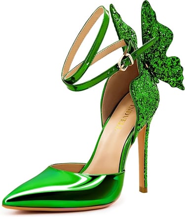 a green stiletto ladies heel with a bow tie and a bow tie