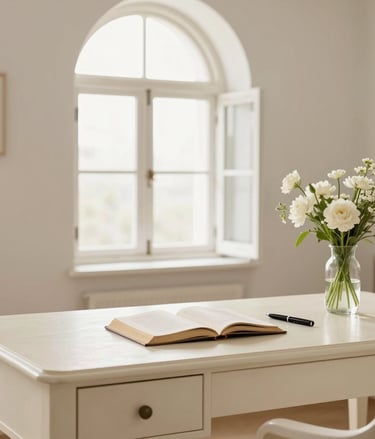 Beautiful Therapy space with desk and flowers at Chantal Francis Therapy