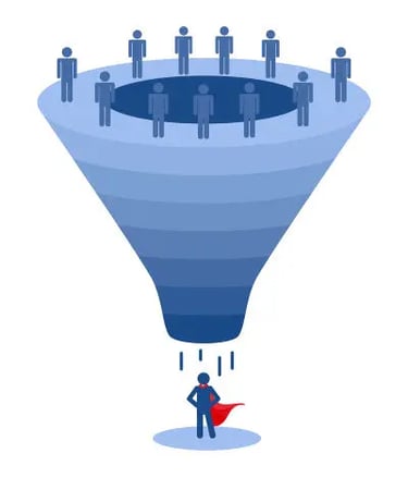 A person with a cape being selected in a funnel recruitment