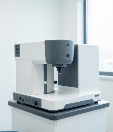 Bright clinical photography of a modern, clean diagnostic clinic interior with state-of-the-art automated lab equipment, soft natural daylight, high clarity