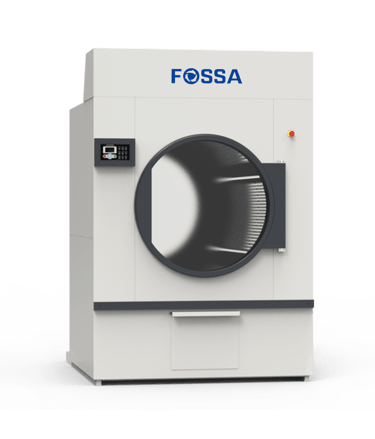 White Fossa industrial laundry dryer with a large circular drum and digital control panel.