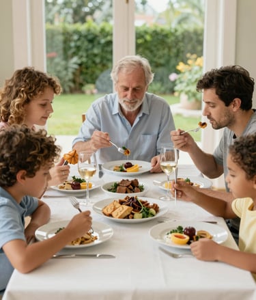 A friendly chef teaching a small group how to cook simple meals.