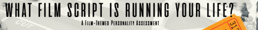 Banner for a film-themed personality assessment featuring cinema elements like movie tickets and clapperboards.