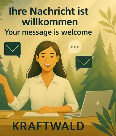 Frau am Tisch im Wald mit Laptop und Icons. Text: „Ihre Nachricht ist willkommen / Your message is welcome KraftWald