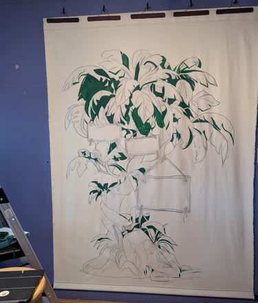 The darkest of the greens are laid in to define depth of the tapestry mural painting.