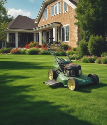 A showroom displaying various garden machinery, including several red riding lawn mowers and a variety of power tools. The central focus is a red ride-on mower with an attached cart. The background features a large window with views of buildings outside.