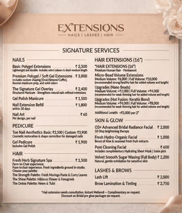 a menu for a nail lash and hair salon