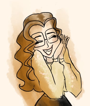 une illustration d'une femme cheveux long, grand lunette carré, souriante, teinte marron beige