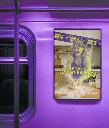 A poster mockup for the WRNG brand, inside of a train