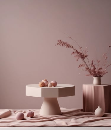 Softly lit flat lay of artistic digital product thumbnails on a white background accented with touches of muted plum and light gray.