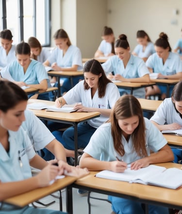 A cozy desk setup with a laptop open to nursing study materials and a cup of coffee nearby.
