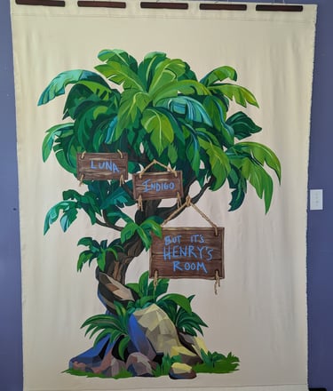 6-foot by 5-foot linen canvas tapestry mural of a lush jungle tree in greens and blues,, with signs and painted names.