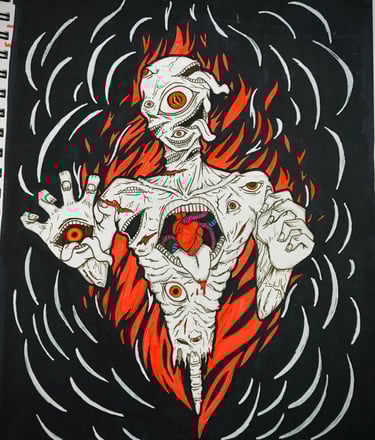a marker drawing of a macabre demonic creature covered in eyes and mouths with an exposed heart coming out of its ribs.