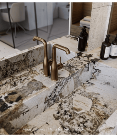 Elegant bathroom sink area showcasing a brass faucet and a distinctive marble countertop.