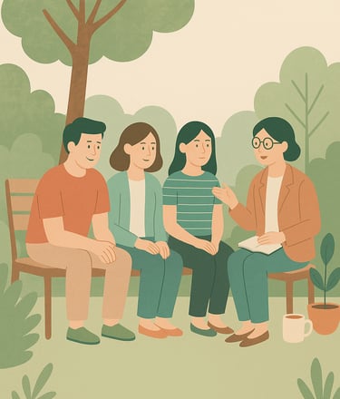 a woman with a family on a bench in a park