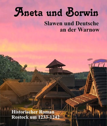 Bild eines Slawendorfes mit rötlichem Himmel