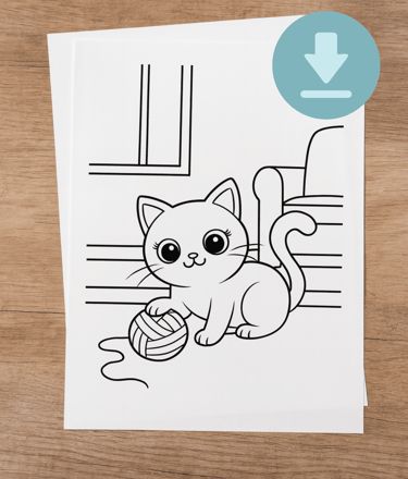 Example coloring page with simple drawing and bold outlines. A cat playing with a yarn ball.