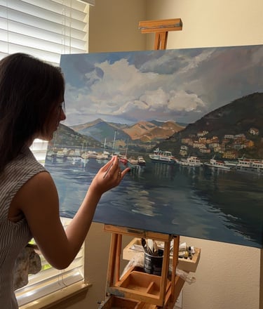 'Whispers of Como' 24x30 inches Serene Harbor oil painting by Angela Moiseieva