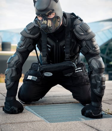 Man kneeling ona rooftop wearing a pup mask.