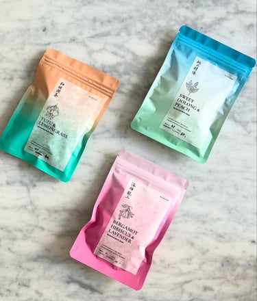 three different tea series botanical bath soaks. Premium day spa and self care product -single use. 