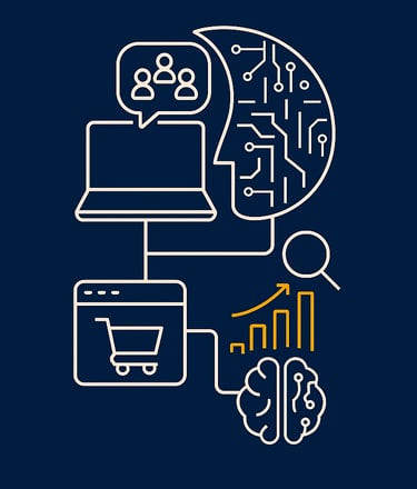 Emprendedor trabajando en laptop rodeado de íconos digitales que representan redes sociales, e-commerce, inteligencia artific