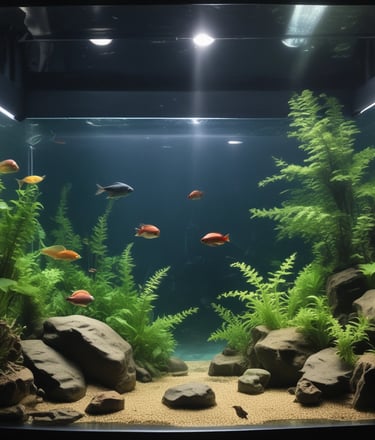 A vibrant aquarium setup featuring natural-looking driftwood and colorful aquatic plants.