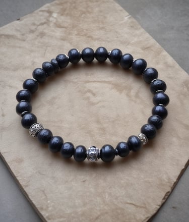 Close-up of a delicate crystal bead bracelet resting on a wooden surface with soft natural light.