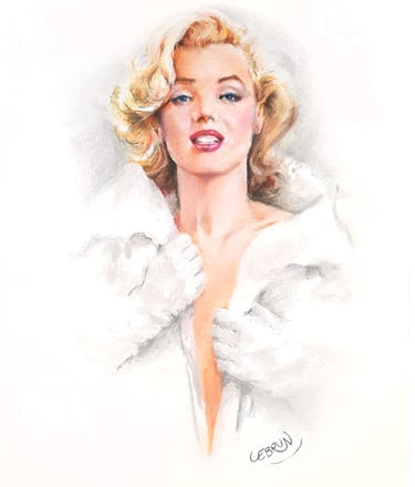 Portrait vintage de Marilyn Monroe aux pastels, avec des boucles blondes et un manteau de fourrure b