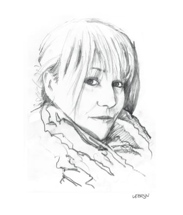 Portrait au fusain d'une femme à frange portant une écharpe texturée.