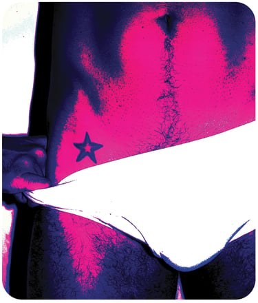 Pop art of pink man in white briefs with star tatoo on hip.