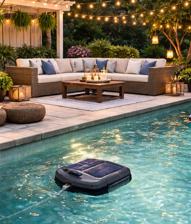 Automatic pool cleaner robot cleaning a backyard swimming pool next to a patio with outdoor furniture and string lights.