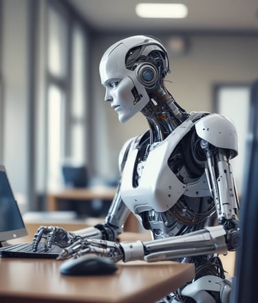 A vibrant digital illustration of a person studying business AI concepts on a laptop surrounded by futuristic icons.