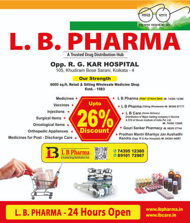 L.B. Pharma medical store banner in Kolkata offering 26 percent discount on medicines and vaccines.