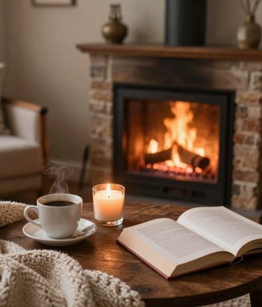 A warm, inviting reading nook with soft cushions, a stack of classic novels, and a steaming cup of tea by a window.