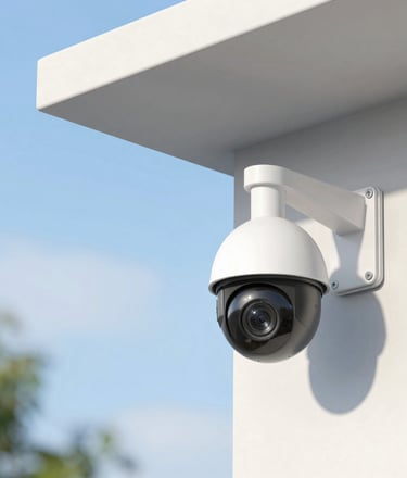 A sleek smart camera mounted on a modern tripod with a blurred cityscape background at dusk.