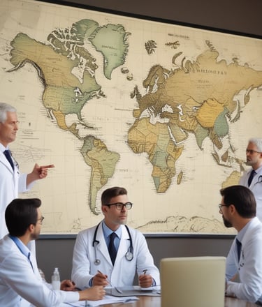 Photo of a diverse group of doctors discussing medicines with a world map in the background