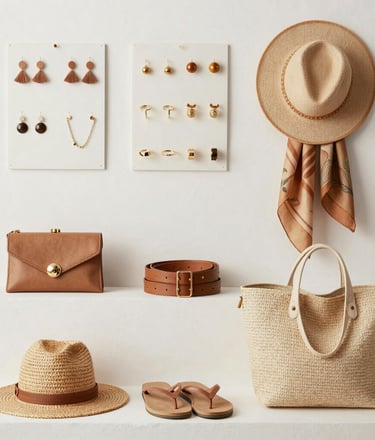 Close-up of stylish accessories like scarves and hats arranged on a rustic wooden table