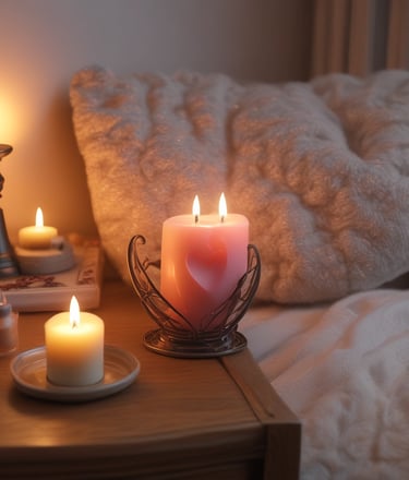 Cozy bedroom setting with a pink heart-shaped candle and scented pillar candles on a wooden nightstand.