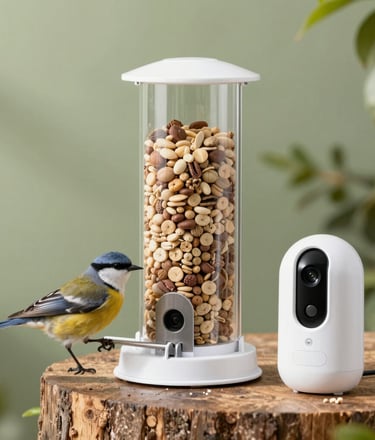 Smart bird feeder with integrated camera filming a blue tit eating nuts and seeds.
