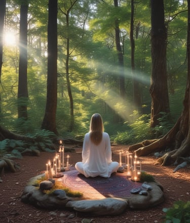 A serene display of colorful crystals and healing stones arranged on a wooden surface.