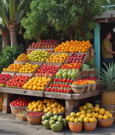 A quaint fruit and vegetable shop with a variety of produce displayed in wooden crates. Numerous bags of fresh greens hang at the entrance, surrounded by stone walls. The shop is bustling with a colorful assortment of fruits and vegetables, showcasing an abundance of natural produce.