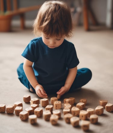 enfant qui joue avec des dés en bois