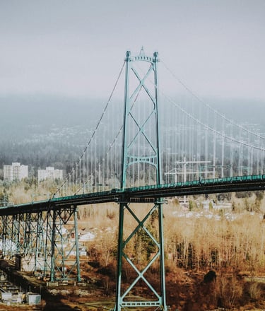 A tall, green suspension bridge spanning a river, with a forest and scattered buildings in the background under a foggy sky.