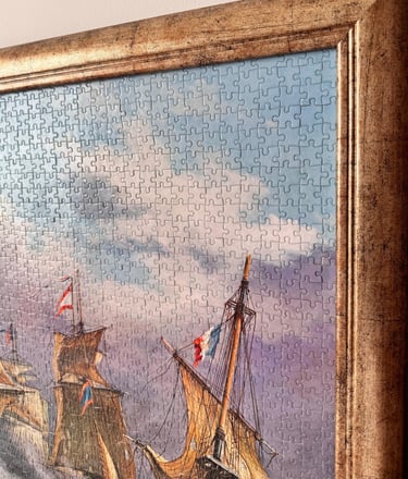 Close-up of Eino's puzzle art, a unique piece of living room wall decor