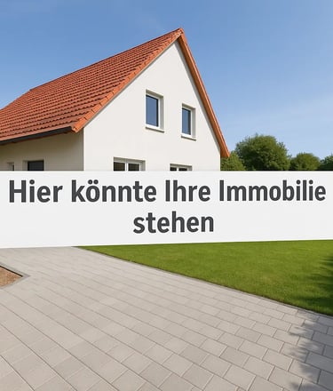 Platzhalterbild für Immobilienreferenzen mit dem Hinweis „Hier könnte Ihre Immobilie stehen“ vor einem modernen Einfamilienha