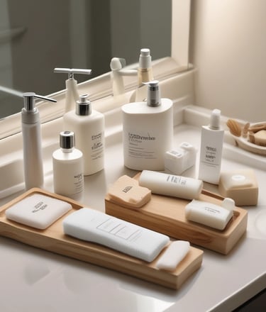 A beautifully arranged hotel amenities display