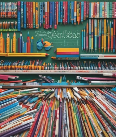 The image contains two children's backpacks with cartoon sheep designs, surrounded by various school supplies. The supplies include notebooks, scissors, a ruler, highlighters, an eraser, and colored markers. The backpacks have pink and red tones with decorative elements.